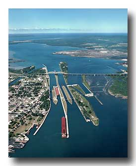 Aerial photo of the Soo Locks looking West