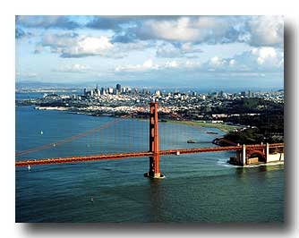 Aerial photo of the Golden Gate Bridge and San Francisco Skyline